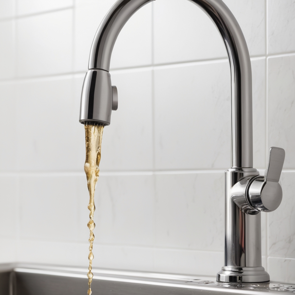 Close-up of discoloured water coming out of a kitchen tap