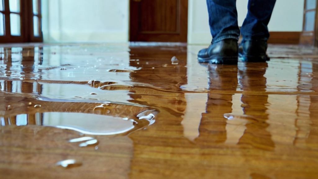 water leak on kitchen floor caused by plumbing issue